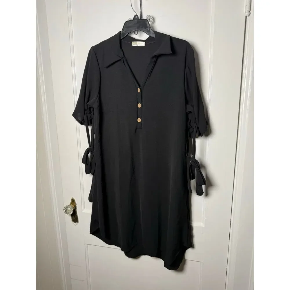 Seven Island Black Short Sleeve Chic Minimalist Flowy Cover-Up Dress Large